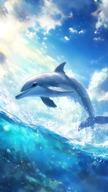 Dolphin leaps from turquoise ocean against bright sky