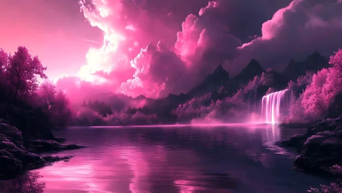 Dreamy pink waterfall lake under glowing cotton clouds.