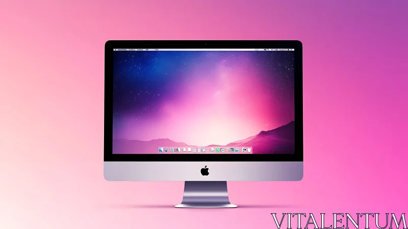 Imac desktop display glows over vibrant pink gradient background.