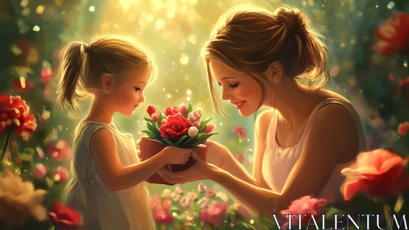 Woman and child exchanging potted flowers in garden setting
