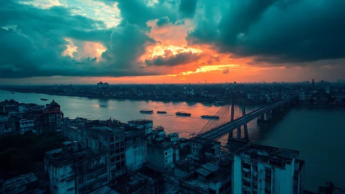 Fiery sunset pours dramatic light over riverside city bridge