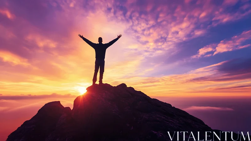 Silhouetted figure atop rocky summit under high-saturation sunrise