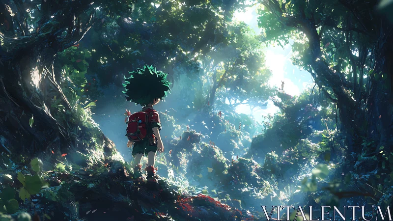 Child with red backpack stands in dense sunlit forest