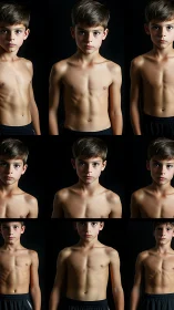 Nine-frame clinical portrait grid of athletic child torso.