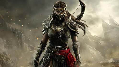 Armored elven ranger stands amid burning fantasy battlefield