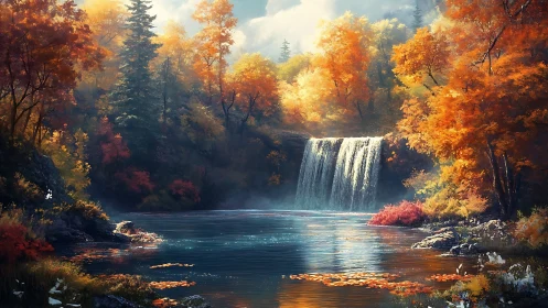 Waterfall flows into calm river surrounded by dense autumn forest