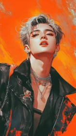 Stylized silver haired youth in black jacket on orange field.