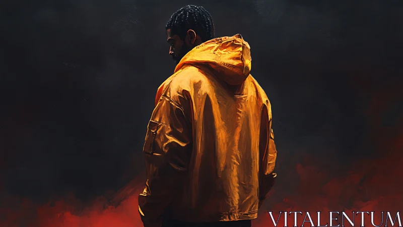 Solitary hooded figure in amber jacket against smoky void.