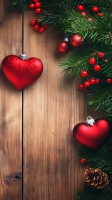 Crimson hearts quietly frame a rustic Christmas doorway