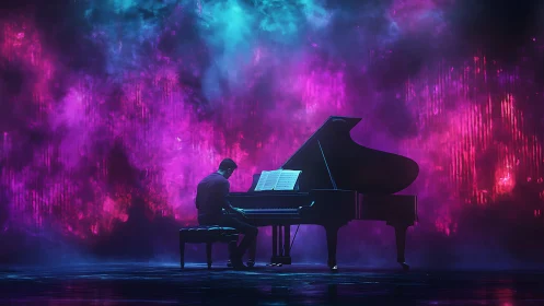 Cosmic chords spill from a lone pianist in neon stormlight