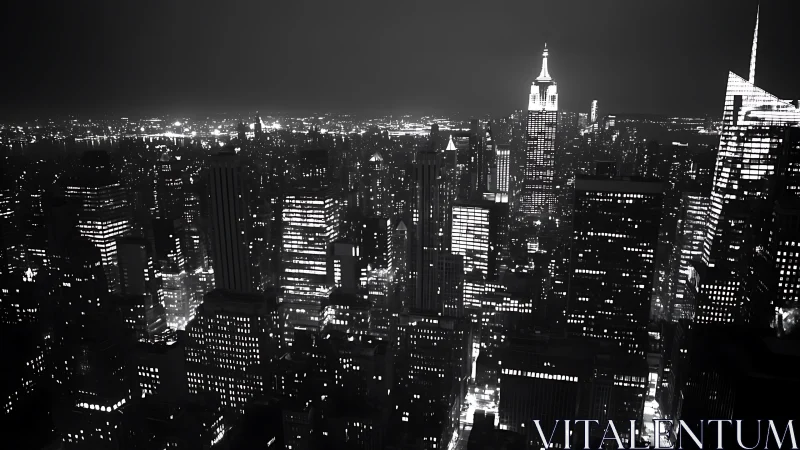 Nocturnal metropolis skyline in stark monochrome glow.