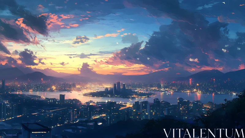 Vast futuristic bay city under dramatic sunset sky.