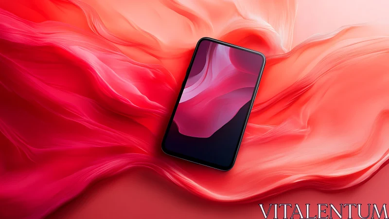 Sleek smartphone resting in a soft wave of glowing coral color.