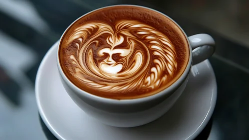 Latte in white cup with symmetrical brown and cream pattern.