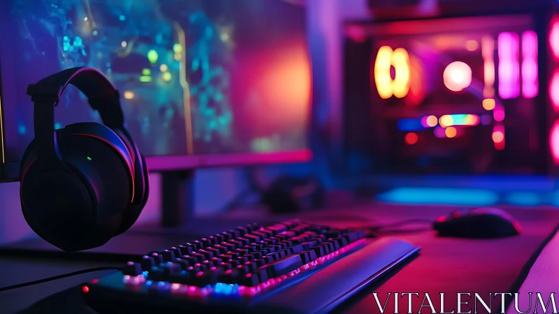 RGB gaming battlestation with mechanical keyboard and headset.