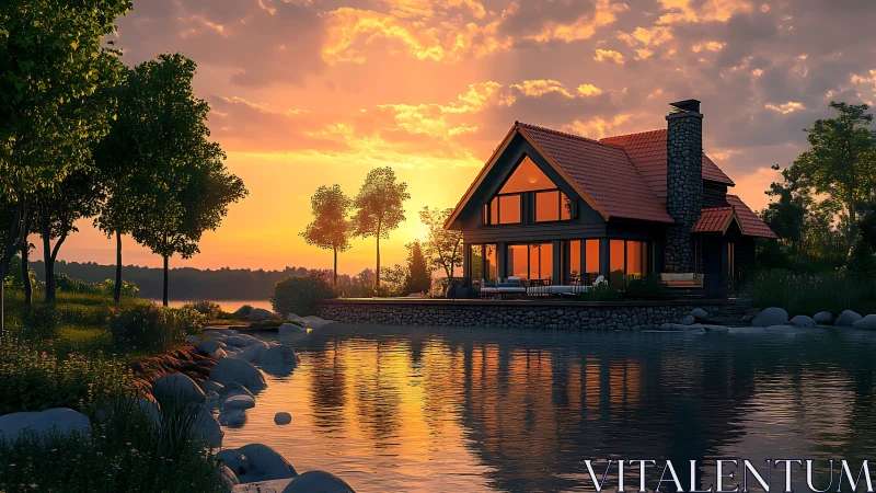 Lakeside timber cottage at sunset with high-gloss reflections.