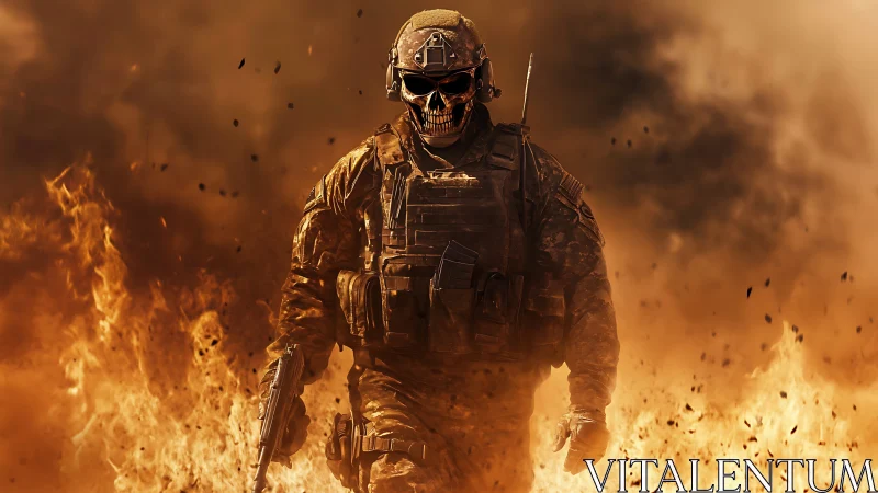 Armored skull-masked soldier advancing through blazing inferno.