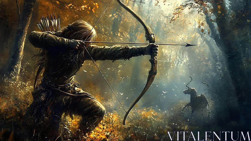 Forest archer drawing bow toward stag in golden light.