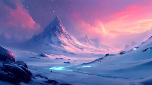 Snow-covered mountain range under vivid pink twilight sky