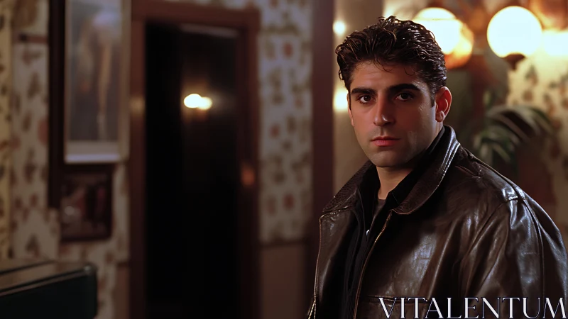 Young man in brown leather jacket stands in warmly lit interior
