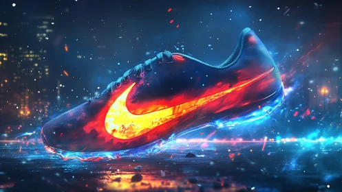 Futuristic neon running shoe ignites in urban nightscape.