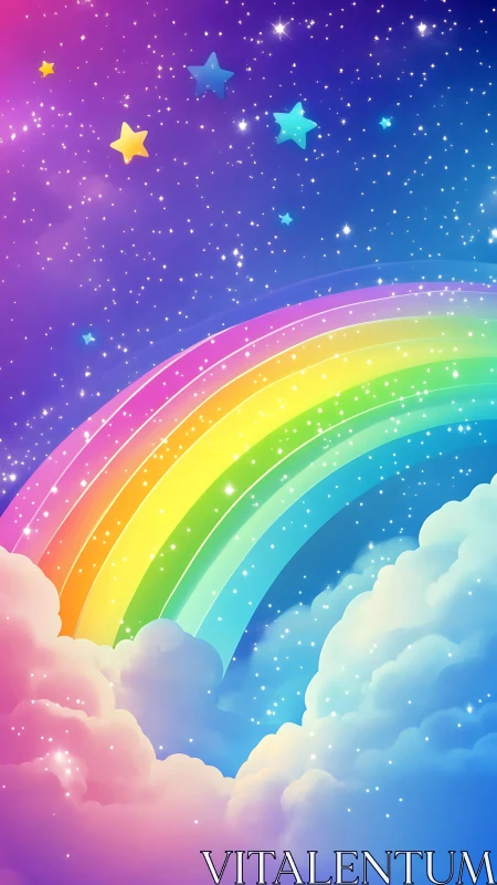 Vibrant rainbow arching through colorful starry clouds.