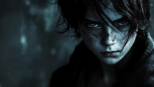 Ferocious gaze of a storm-torn survivor in icy shadows.