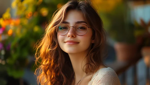 Young woman with glasses in soft outdoor evening light.