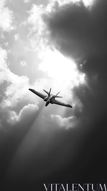Monochrome fighter jet ascends through dramatic backlit clouds