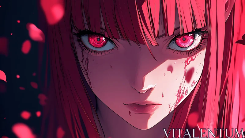 Crimson gaze girl amid falling petals and fierce silence.