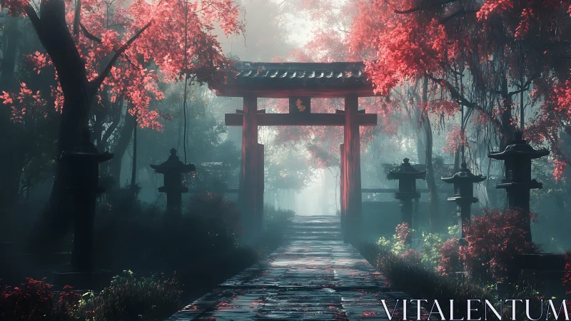 Torii gate stands in misty crimson forest sanctuary at dawn.