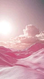 Pink sunlit dunes form surreal mountains under glowing sky