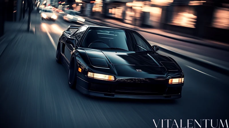 Midnight supercar streaking through neon-kissed city streets.