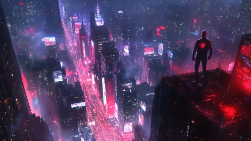 Masked rooftop figure overlooking neon city at night.