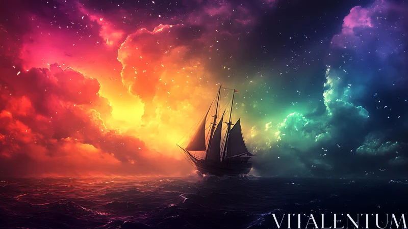 Tall ship drifting through a storm of prismatic twilight skies.