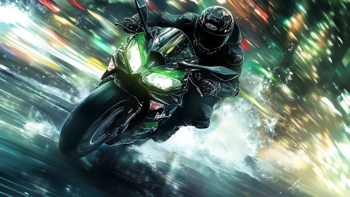 Neon storm rider carving wet city lights at warp speed.