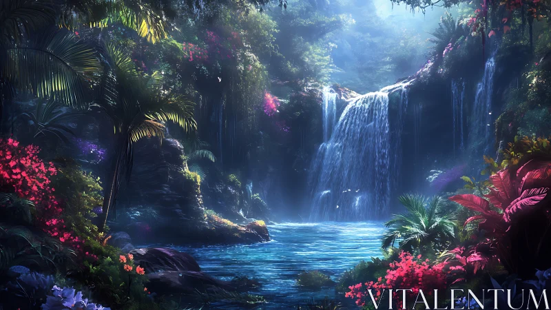 Dense tropical forest waterfall with illuminated lagoon pool.