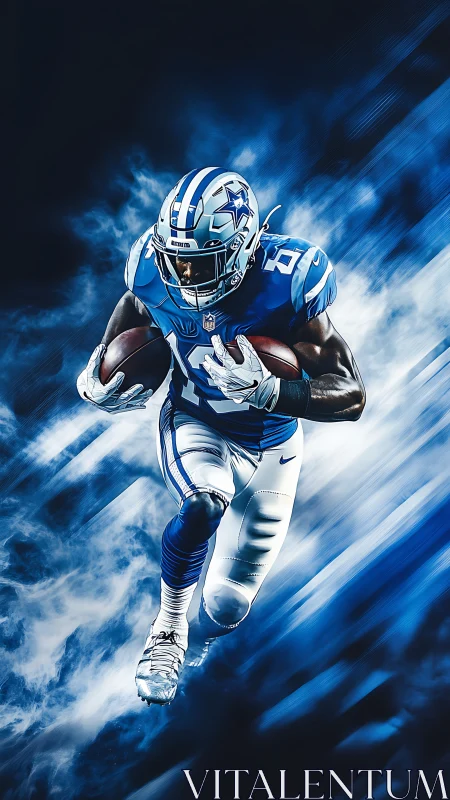 Star-clad gridiron comet storms through electric blue haze.