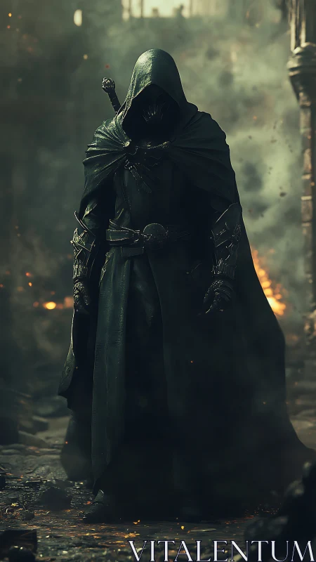 Hooded armored wraith advances through ember‑lit battlefield haze