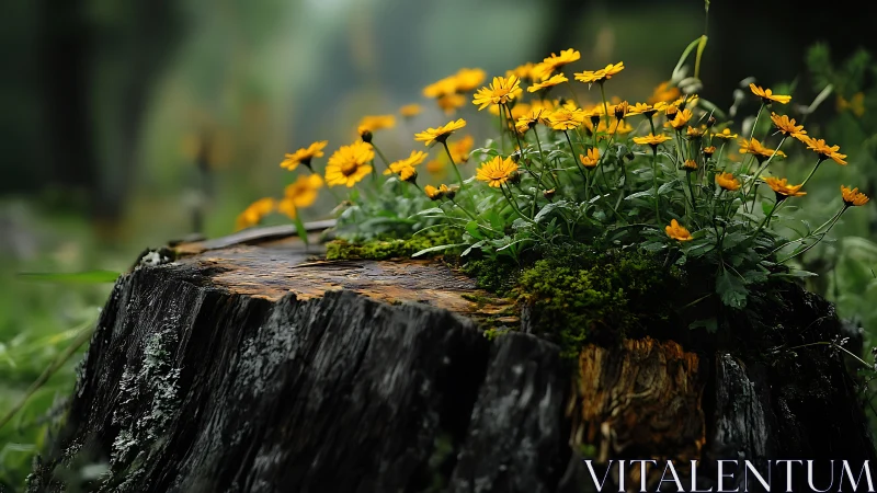 Yellow wildflowers grow atop weathered tree stump