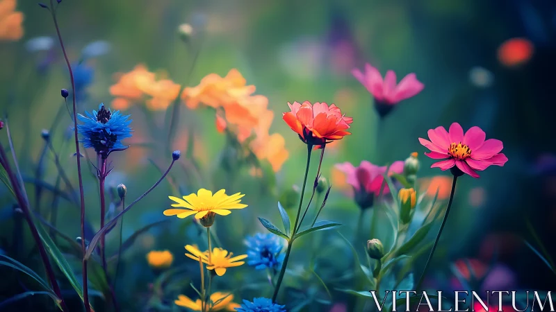Colorful garden flowers with shallow depth of field bokeh effect