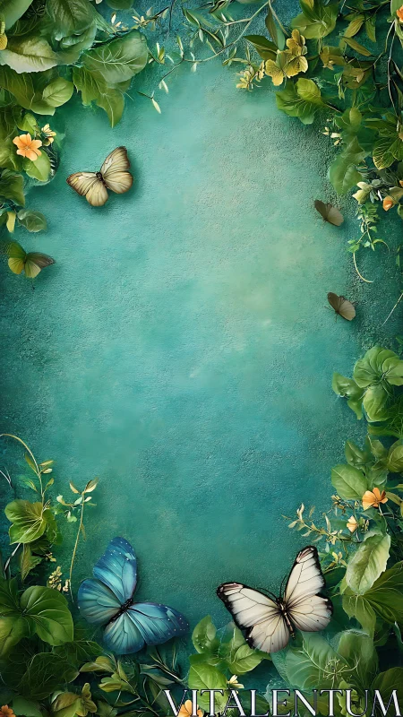 Butterflies drift across teal garden foliage frame.