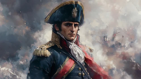 Napoleonic officer portrait amid stormy battlefield smoke