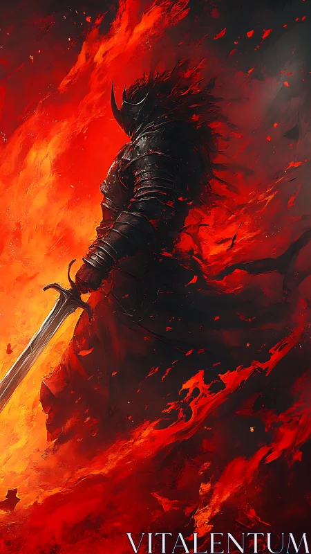 Armored dark knight in infernal red flame environment.