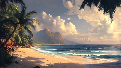 Tropical Coastline with Volcanic Peak and Golden Hour Illumination.