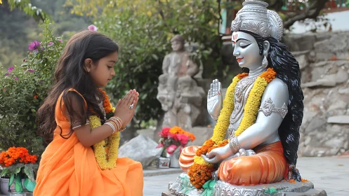 Young girl prays before serene Hindu deity in garden temple