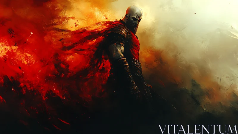 Warrior in red cloak emerges from turbulent fiery abstraction