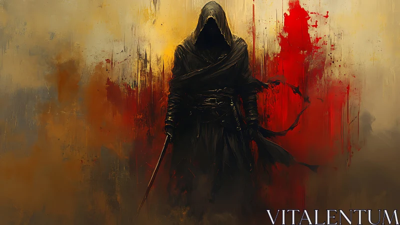 Hooded dark warrior stands before red and ocher mist.