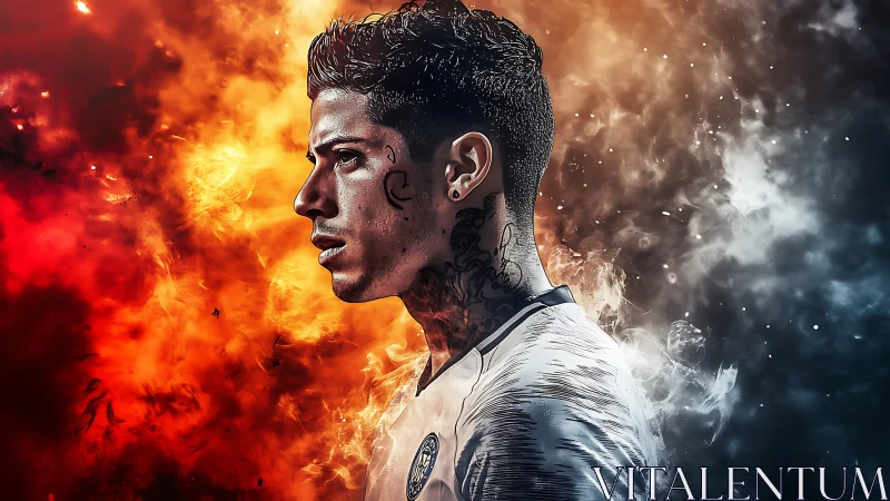 Profile portrait of tattooed athlete in dual-color smoke field