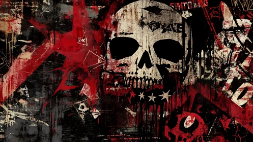 Grungy skull graffiti with distressed red abstract layers.